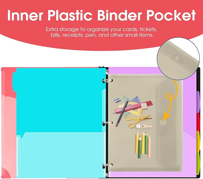 INFUN Telescoping Project Organizer Binder,13 Pocket, Customizable Front Cover, 5 Colors Pocket Divider and Plastic Binder Pocket，225 Sheet Capacity-Red