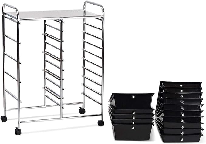COSTWAY 15 Drawer Rolling Storage Cart, Mobile Utility Cart with Lockable Wheels, Drawers, Multipurpose Organizer Cart for Home, Office, School, Black