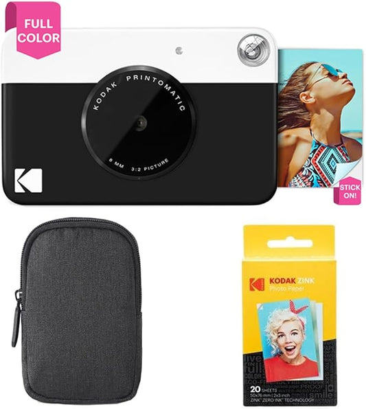 Kodak Printomatic Full-Color Instant Print Camera Starter Bundle + Carrying Case + Zink 20pk Photo Paper - Colorful Photos On 2x3 Sticky-Back Paper - Fun Gift for Birthday Christmas Holiday - Black