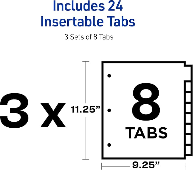 Avery Insertable 8 Tabs Plastic Divider for 3 Ring Binders with Pocket, Works with Sheet Protectors, 3 Sets (8 Colors)