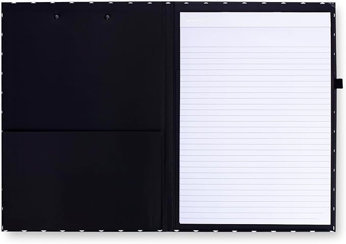 Kate Spade New York A4 Clipboard Folio with Low Profile Clip, Black Professional Padfolio Includes Lined Notepad, Pen Loop, and Pocket, Polka Dots