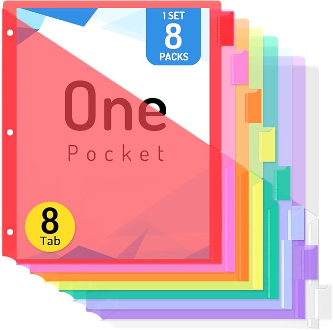 Forvencer 8 Count Dividers for 3 Ring Binder, Binder Dividers with Pocket for US Letter Size, Binder Dividers with Tabs for School Office and Home Organization, Multicolor, 1 Set
