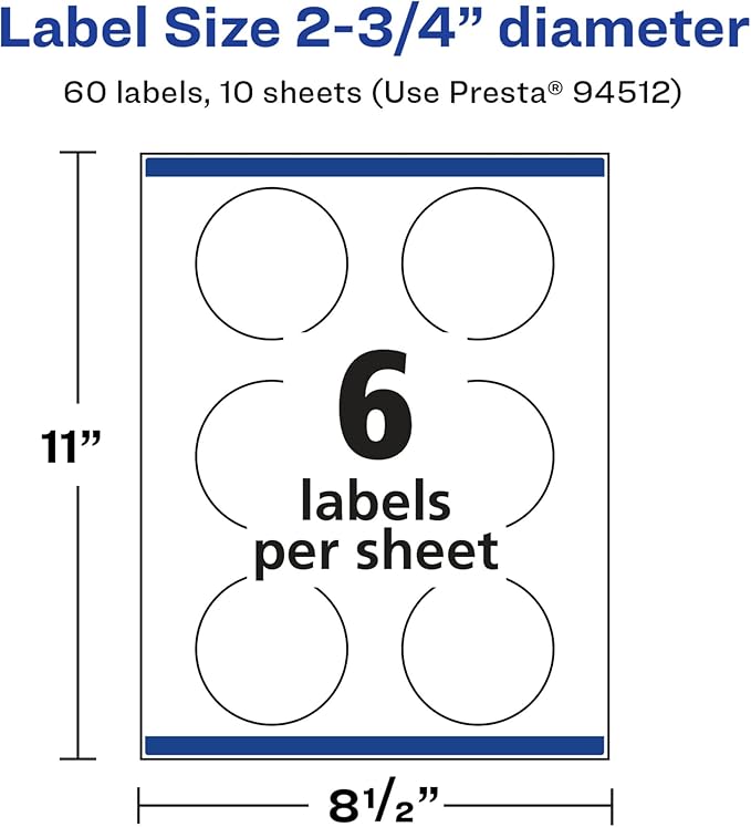 Avery Glossy White Round Labels, Sure Feed Technology, 2.75" Diameter, 60 Glossy White Labels, Print-to-The-Edge, Permanent Adhesive, Laser/Inkjet Printable