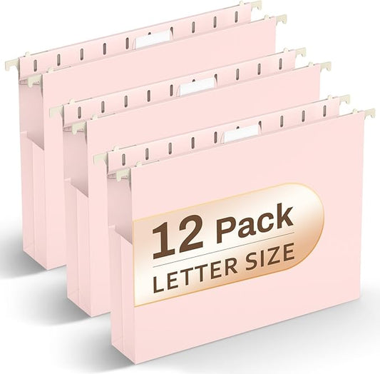 Hanging File Folders Letter Size, 2" Pink Hanging File Folder, Pink File Folders Hanging with 1/5 Cut Tabs, 12 Pack Plastic Hanging Folders Accordion Pockets for Office Filing & Organization