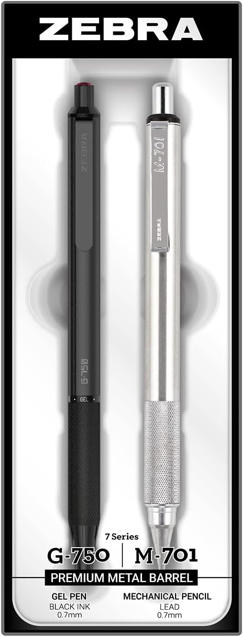 Zebra Pen Premium Writing Set, G-750 and M-701 Retractable Gel Black Ink Pen/Pencil Gift Set, Premium Brass and Steel Barrel, Medium/Fine Point, 0.7mm, 2-Pack (10512)