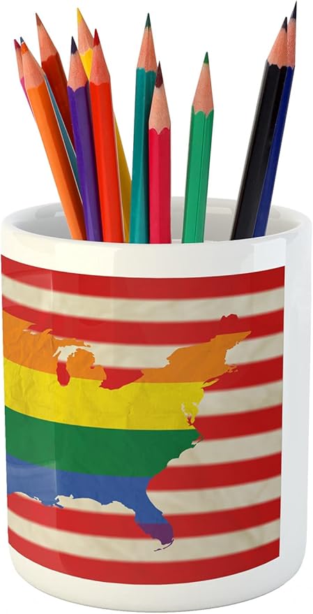 Ambesonne Pride Pencil Pen Holder, USA American Flag with Rainbow Gay Marriage Nationwide Rights and Equality Theme, Ceramic Pencil Pen Holder for Desk Office Accessory, 3.6" X 3.2", Red Yellow
