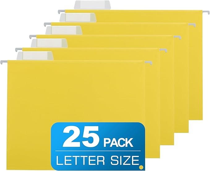 25 Packs Hanging File Folders with 1/5-cut Tab,Letter Size File Folders Yellow for Filing Cabinet,Ideal Office,School Classroom Supplies