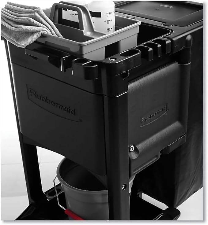 Rubbermaid Commercial Products Executive Series Janitorial and Housekeeping Cleaning Cart with Locking Cabinet, Wheeled with Zippered Black Vinyl Bag, Black, 38.4" H x 21.8" W x 46" L