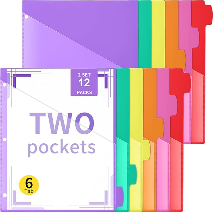 Epakh 12 Pcs Binder Dividers for 3 Rings Binders Index Dividers with Two Clear Pockets Plastics Sheets Protectors with Tab Labels for School Office Organization (Colorful)