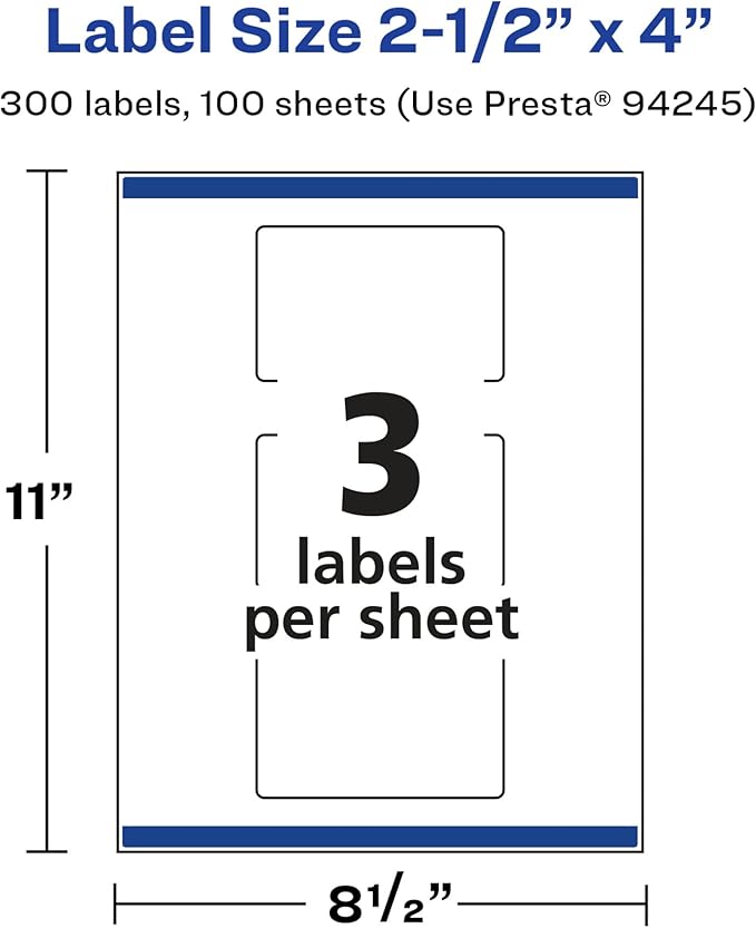 Avery Glossy White Rectangle Labels, Sure Feed Technology, 2.5" x 4", 300 Glossy White Labels, Print-to-The-Edge, Permanent Adhesive, Laser/Inkjet Printable