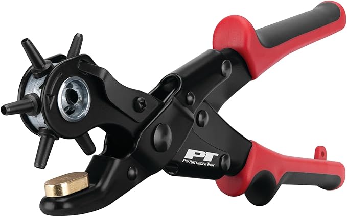 Performance Tool W7554 Double Hinged Hole Punch Tool with 6 Punch Sizes and Adjustable Tension for Belts, Upholstery, and More