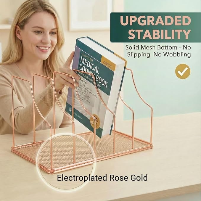 Simmer Stone Rose Gold Binder Organizer for Desk, 5 Slot Metal Wire Vertical File Sorter with Mesh Bottom, Desktop Magazine Holder Rack for 2 Inch Binders, Medical Coding Books, Vinyl Records, 12.1"