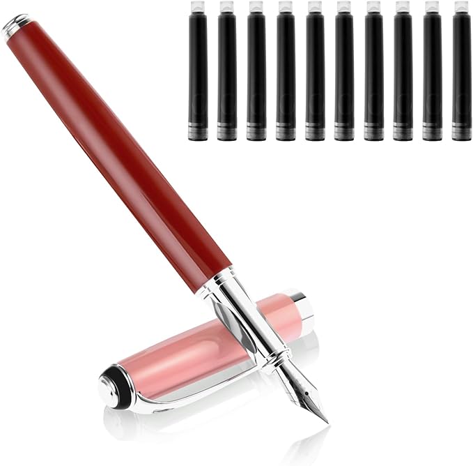 cobee Metal Fountain Pens with 10 Black Ink Cartridges, 0.5mm Fine Nib Fountain Pen Smooth Writing Luxury Calligraphy Pen Office School Supplies Gift(Red)