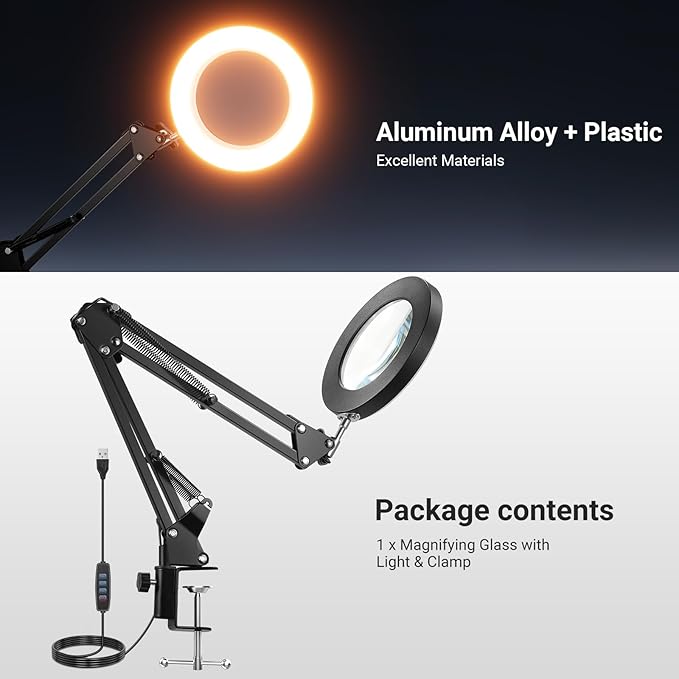 NEEWER Entry Level Version 10X Magnifying Glass with Light & Clamp Stand, 6.3" Dimmable Magnifier Lamp LED Ring Light for Desk with 3 Color Modes CRI80+ for Crafting Reading Close up Work, N19