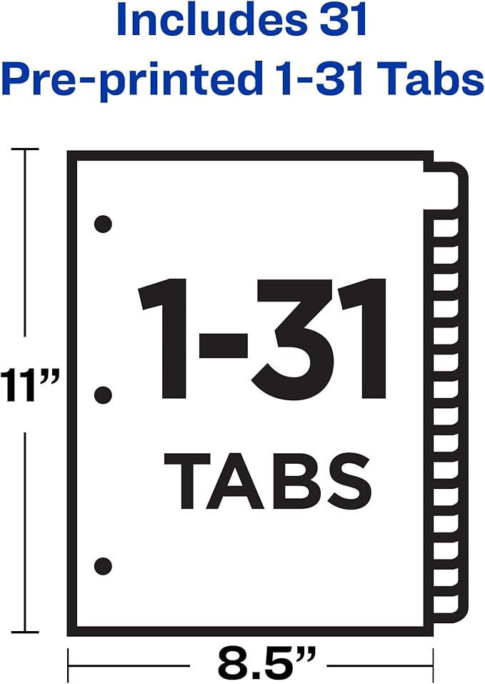 Avery Gold Reinforced Leather Tab Dividers, 31-Tab, 1-31, Letter Size, Black, 31 per Set (11352)