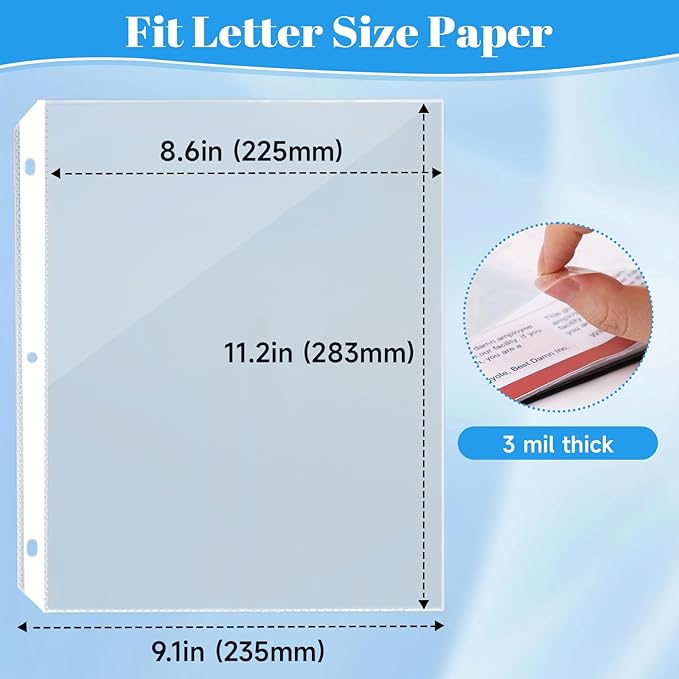 50 Pack Sheet Protectors for 3 Ring Binder - Clear Page Protectors & Plastic Sleeves for Paper 8.5x11 Inch, Binder Sleeves and Paper Protector Sheet for Document, Letter Size, Top Loading