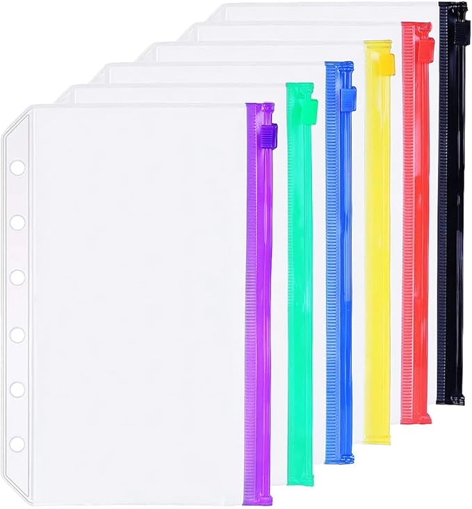 6 Pack A7 6 Holes Binder 6 Color Zip Pockets Plastic Binder Zipper Folders Waterproof 6 Holes Zipper Loose Leaf Bags Zip Lock Envelope for Documents Notebooks Cards (6 Color Zip Pocket, A7)