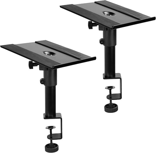VIVO Clamp-on Speaker Stand Desk Mount Set, 10 x 9 inch Trays, Height Adjustment and Tilt, Universal Audio Holders for Computer and Bookshelf Speakers, Elevated Sound, 2 Pack, Black, MOUNT-SP01CB