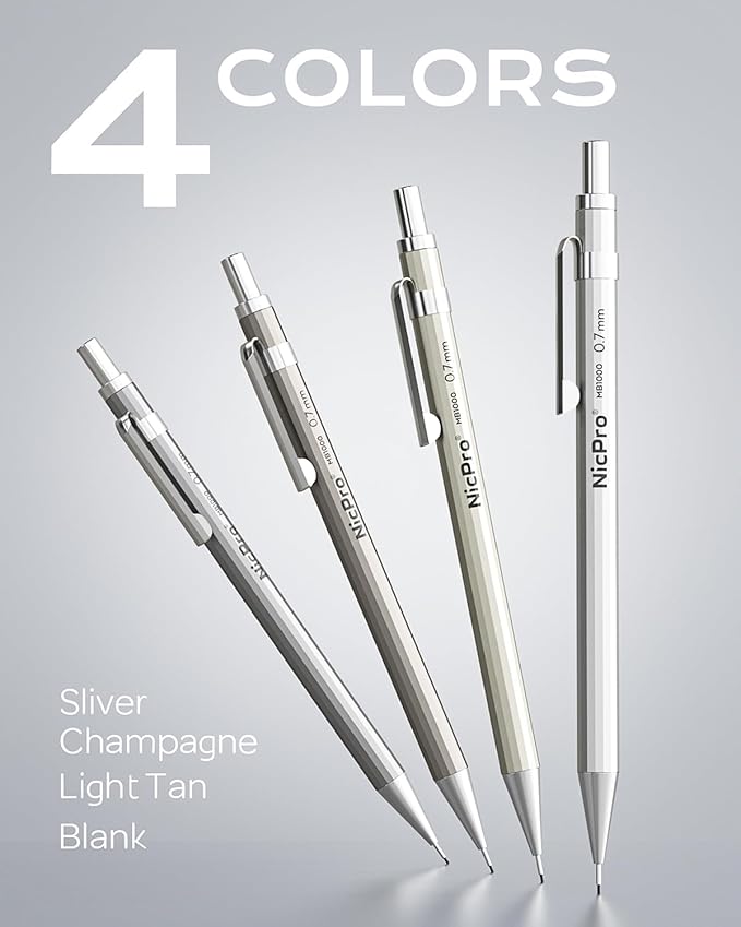 Nicpro 8 Pack 0.5mm & 0.7mm Metal Mechanical Pencil Set, MB1000 Lead Drafting Pencil for Artist Writing, Sketching, Drawing with 6 Tubes HB Lead Refills, 3PCS 4B Eraser, 9PCS Cap Eraser - With Case