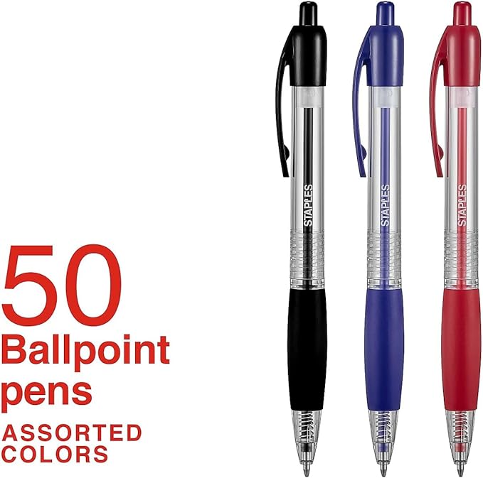 STAPLES Retractable Ballpoint Pens, Medium Point 1.0mm, Assorted Ink Colors, 50 Pack – Bulk Writing Pens for Offices & Classrooms