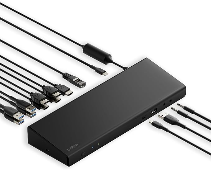 Belkin 15-in-1 Universal Triple Display DisplayLink Docking Station Hub w/ 3 HDMI Ports, 2 DisplayPorts for Triple 4K Display w/ 85W PD, 3.5mm Mic/Speaker, 1 USB-C, & 5 USB-A Ports, Black