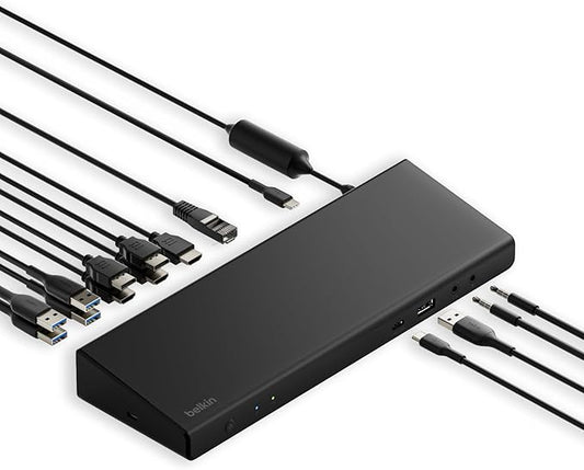 Belkin 15-in-1 Universal Triple Display DisplayLink Docking Station Hub w/ 3 HDMI Ports, 2 DisplayPorts for Triple 4K Display w/ 85W PD, 3.5mm Mic/Speaker, 1 USB-C, & 5 USB-A Ports, Black