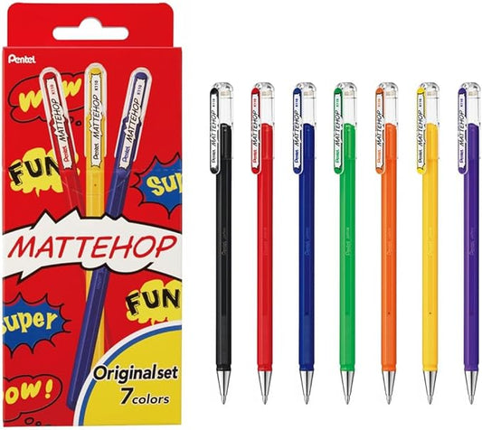 Pentel Mattehop 1.0mm Gel Roller 7pc Wallet - Original Colours