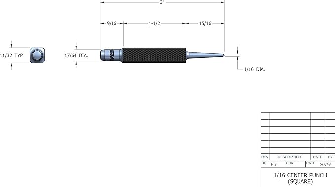 Starrett Steel Center Punch with Square Shank and Knurled Finger Grip - Hardened and Tempered Steel, 3" Length, 1/16" Diameter Tapered, 3/8" Square Thickness - 264A
