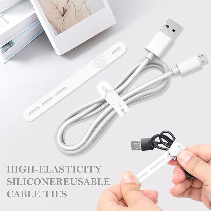 Donruby 30Pcs Silicone Cable Ties - Reusable & Washable with Adjustable Locking Buckles, High Elasticity Cable Management Straps for Home, Office, School, Travel Essential Cord Organizer (White)