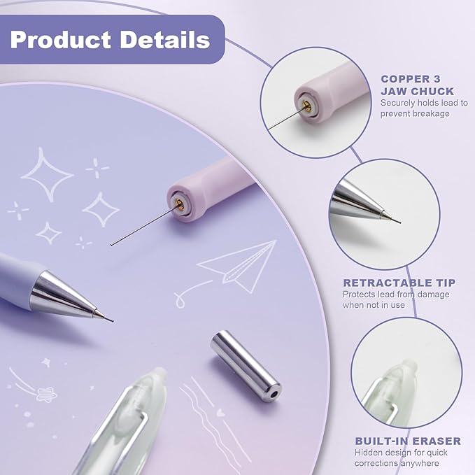 6-Pack 0.5mm Mechanical Pencils with Macaron Colors, Built-In Eraser, Copper Tip, Easy-Load Lead, Metal Clip, Soft Grip, for School, Office, Sketching, Drafting