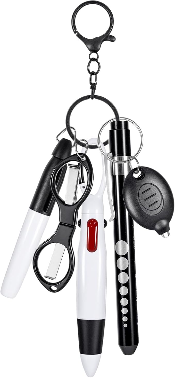 6 Pcs Nurse Pens for Badge Set,Nurse Badge Accessories with Reel Pen,Nursing Accessories Healthcare with Pens,Highlighter and Permanent Marker Pen and Led Keychain Foldable Scissors(Black)