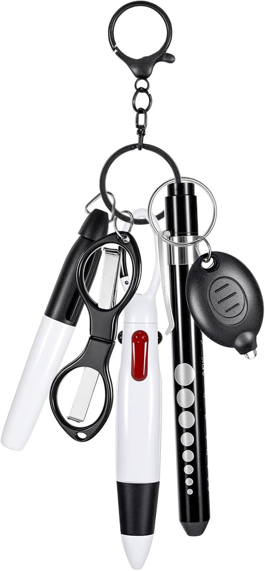 6 Pcs Nurse Pens for Badge Set,Nurse Badge Accessories with Reel Pen,Nursing Accessories Healthcare with Pens,Highlighter and Permanent Marker Pen and Led Keychain Foldable Scissors(Black)