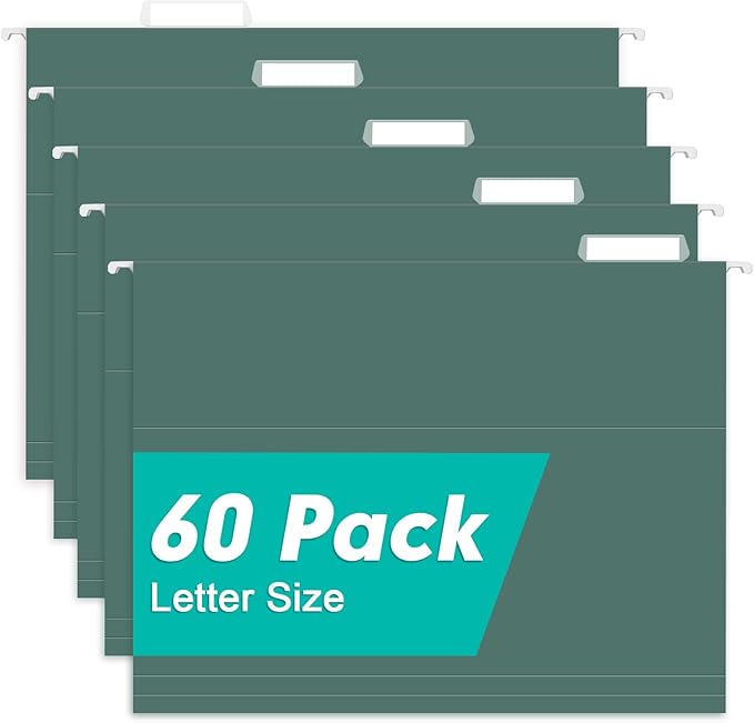 HERKKA Extra Capacity Hanging File Folders, 60 Pack Reinforced Letter Size Hanging Folders with Heavy Duty 0 Inch Expansion, Designed for Bulky Files, Green