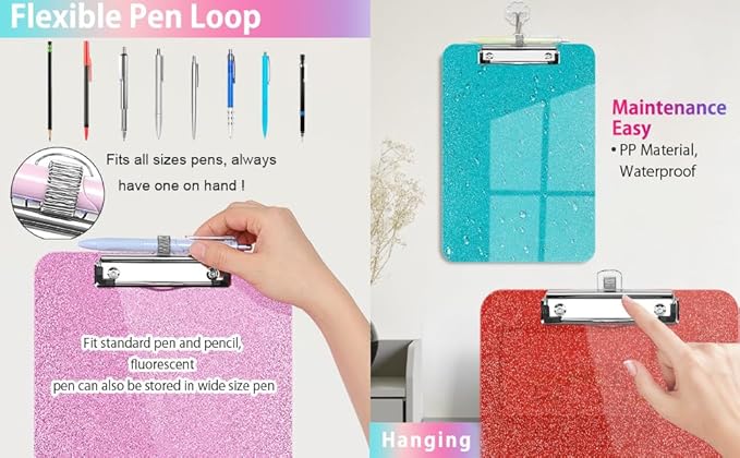 Sparkly Clipboard with Pen Holder, Clear Plastic Glitter Clip Board, Hanging Shiny Clipboards with Low Profile Metal Clip, Letter A4 Size for Taecher Women Office School (Navy Blue)