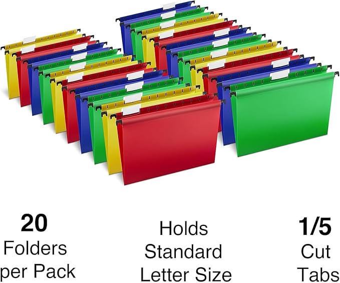 Staples Hanging File Folders, Letter Size, Assorted Colors, Water‑Resistant, 5‑Tab, Includes Tabs & Inserts – 20/Pack