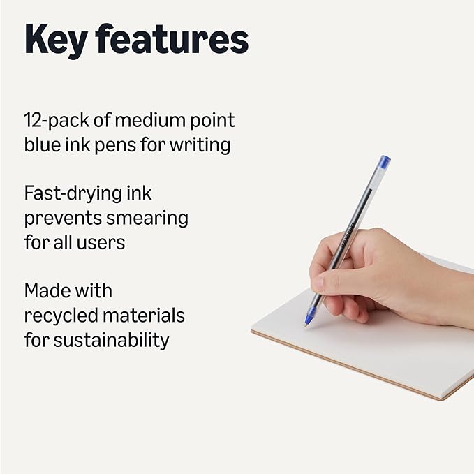 Amazon Basics Ballpoint Pens, Medium Point 1.0mm, Blue Ink, 12-Pack