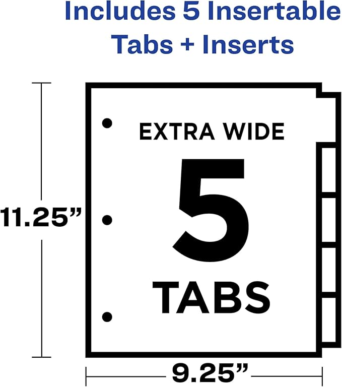 Avery Dividers for 3 Ring Binders, 5 Tab Plastic Binder Dividers, Three-Pocket, Corner Lock, Insertable Big Tabs, Multicolor, Extend Beyond Sheet Protectors, 1 Set (11273)
