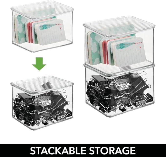 mDesign Small Plastic Home Office Storage Organizer Box Containers with Hinged Lid for Desktops - Holds Pens, Pencils, Sticky Notes, Highlighters, Staples, and Supplies - Clear