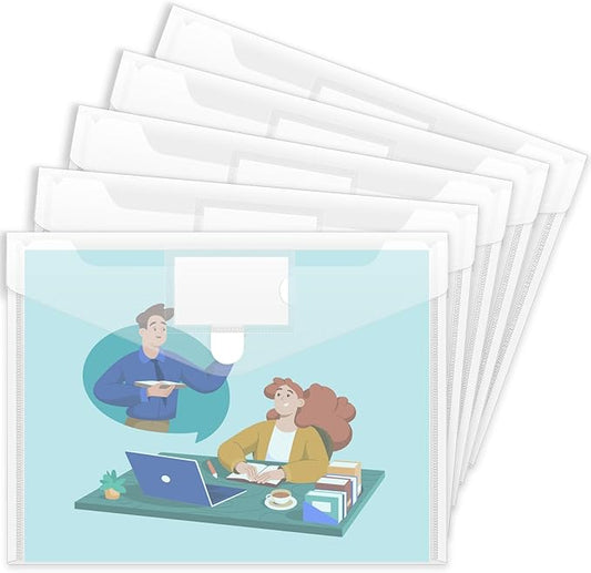 Sooez 5 Pack Plastic Envelopes Poly Envelopes, Clear Document File Folders US Letter A4 Size File Envelopes with Label Pocket for School Home Work Office Organization, Clear