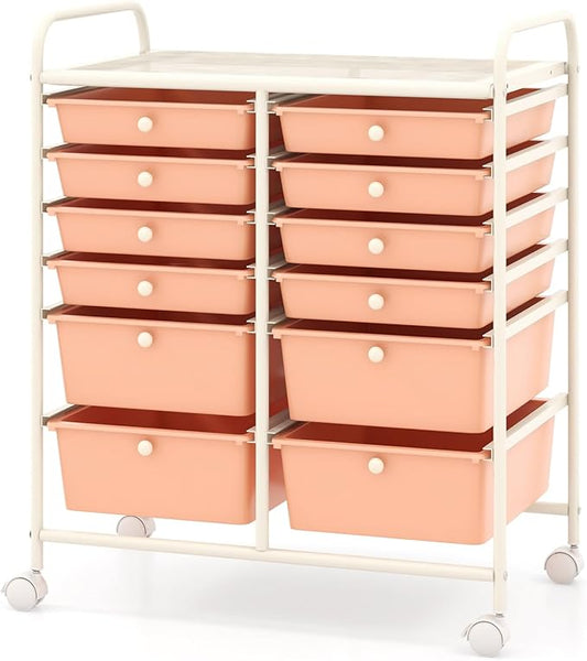 COSTWAY 12-Drawer Rolling Storage Cart, Moveable Art Craft Organizer W/Lockable Wheels, Metal Shelf, Files Arrangement Tools Makeup Storage Cart for Office, Home, School, Peach