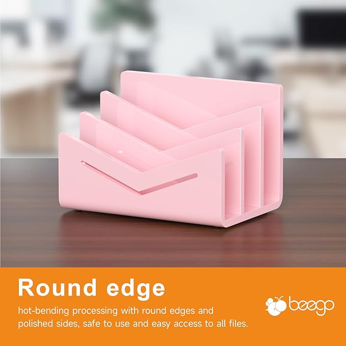 Beego Envelope and Mail Organizer Countertop - 3 Compartments Pink Acrylic Desk Organizer Letter Holder Desktop File Sorter Bill Document Folder Rack for Office, Home, School Desk Organization