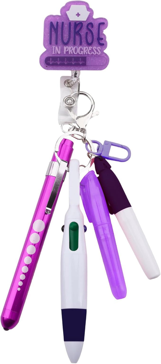 Student Nurse Pen Set Badge Reel Holder Accessories Clip, Retractable Mini Nursing Pen & Light Tool Set， Highlighter pens and Highlighter pens（Purple）