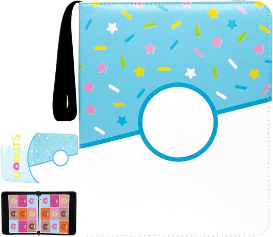 9 Pocket Card Binder 900 Card Holder Album, Pink Donut Trading Cards Holder Zipper Binder for Girl Teen Collection (Blue Donut, 900 Pocket)