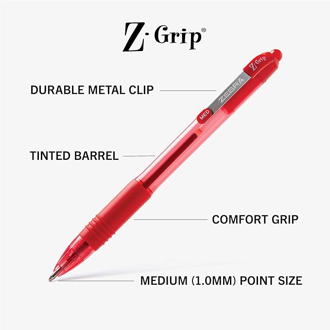 Zebra Pen Z-Grip Retractable Ballpoint Pen, Smooth-Flowing Red Ink, 1.0mm Medium Point, School & Office Supplies, Ideal for Note-Taking, Journal and Planner Use, 12-Pack (22230)