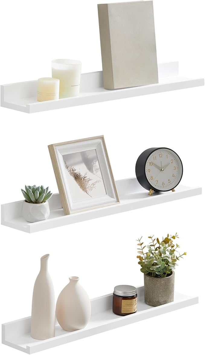 SONGMICS Floating Shelves, Set of 3 Wall Shelves, 31.5-Inch Wide, for Photo Frames and Trinkets, for Living Room, Home Office, Kitchen, Bathroom, White ULWS081W01