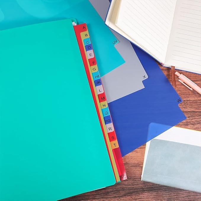 21 Tab A-Z Binder Dividers, 3 Ring Plastic Binder Dividers with Tabs Multicolor Alphabet Dividers for 2/3/4/11 Ring Binders, Letter Size (8.2×11.6 Inch)