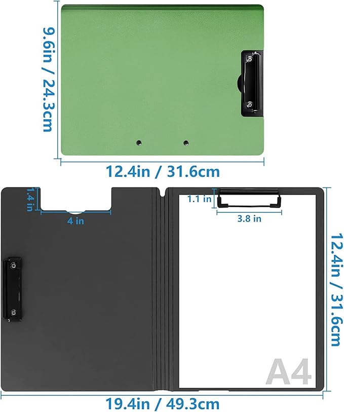 Clipboard Folder, A4 Foldable Clipboards, Office Clipboard Folder with Double Clips Metal Clip, 360 Degree Foldable Storage Clipboards for Office, School or Medical Field, Green