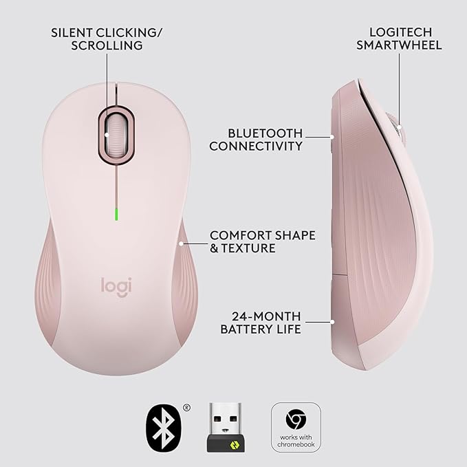 Logitech Signature M550 Wireless Mouse - for Small to Medium Sized Hands, 2-Year Battery, Silent Clicks, Bluetooth, Multi-Device Compatibility - Rose (Renewed)