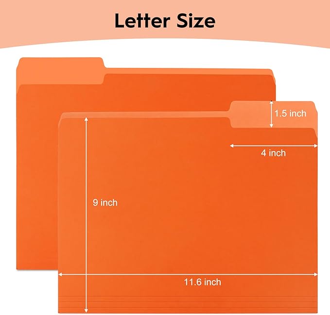 100-Pack Color File Folders, 1/3 Cut Tab, Letter Size Manilla Folder for School/Office/Classroom, Orange