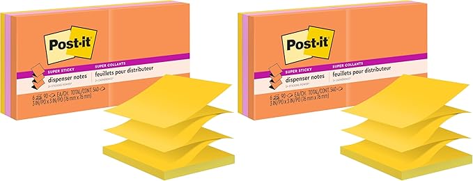 Post-it Super Sticky Dispenser Pop-up Notes, 6 Sticky Note Pads, 3 x 3 in., 2X The Sticking Power, Back to School Supplies for Students, Memo Pads for Textbooks, Energy Boost Collection (Pack of 2)